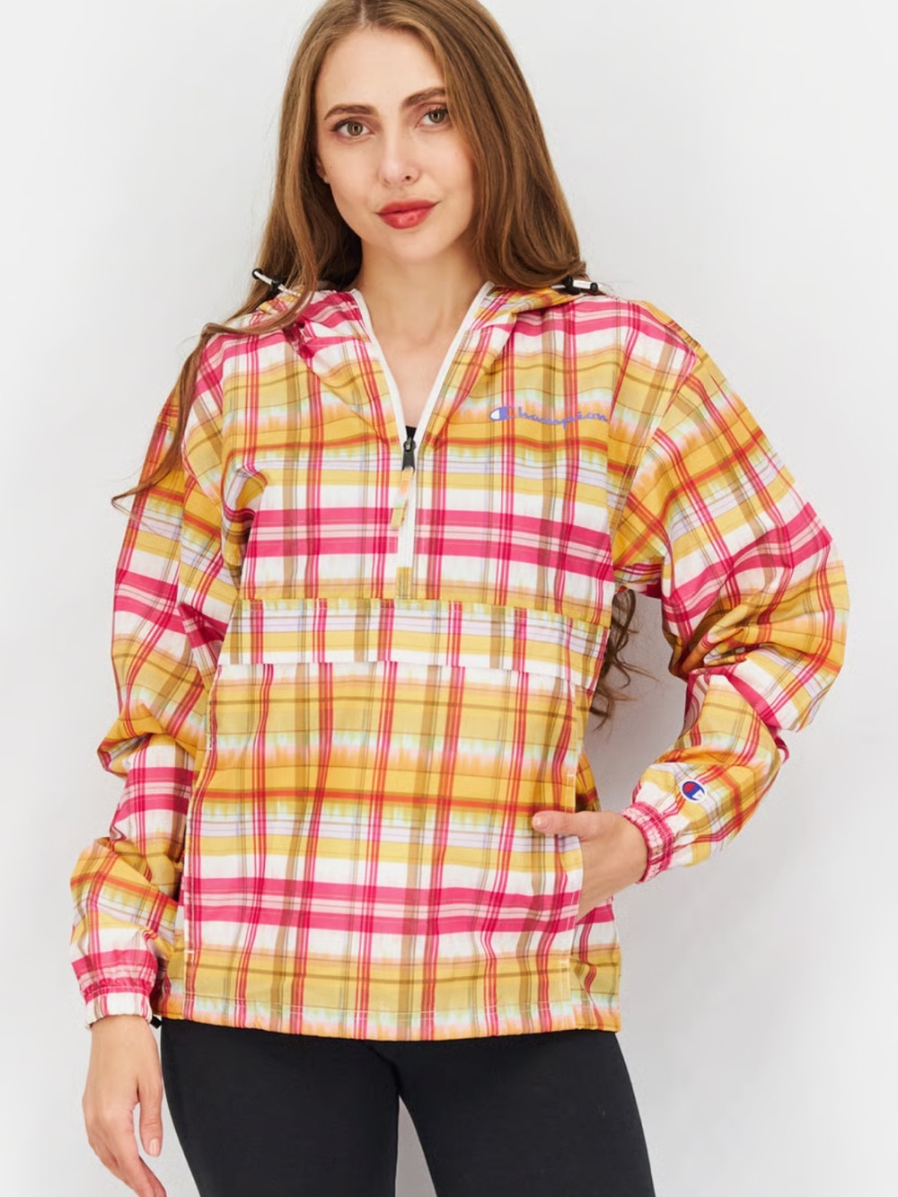 Champion Pink and Yellow Plaid Half-Zip Windbreaker Hoodie